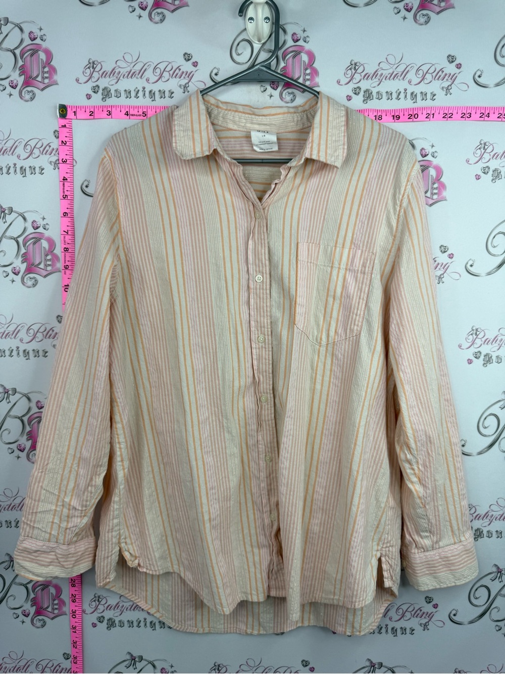 GAP shirt gold thread stripes Women's Pink and Cream Striped Button-Down Shirt